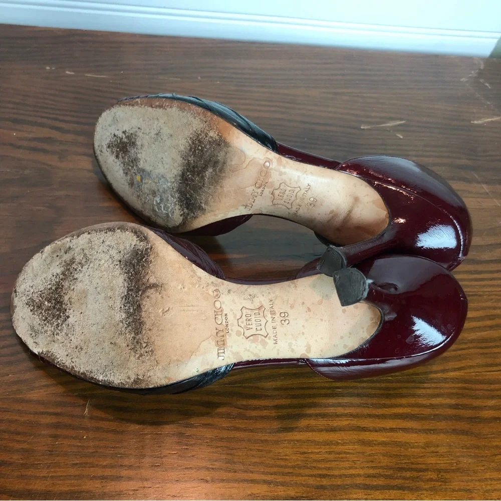 Jimmy Choo Patent Leather Wine and Black Bordeaux Heels Sz 39